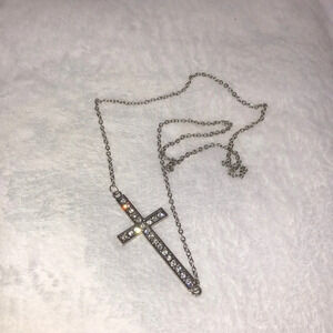 Silver Tone Sideways Cross Rhinestone Necklace Horizontal Religious Pendant 26in